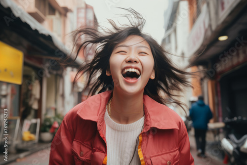 A heartwarming scene capturing the pure joy and connection between a happy girls, very glad smiling with broad smile showing her perfect teeth having fun. Generative AI. © Surachetsh