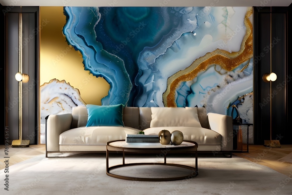 3d wallpaper for the wall decor. resin geode and abstract art, and functional art, like watercolor geode painting. golden, blue, and white marble Generative AI - obrazy, fototapety, plakaty 
