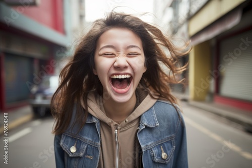 A heartwarming scene capturing the pure joy and connection between a happy girls, very glad smiling with broad smile showing her perfect teeth having fun. Generative AI.