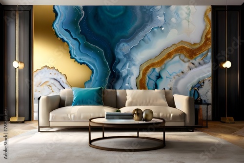 3d wallpaper for the wall decor. resin geode and abstract art, and functional art, like watercolor geode painting. golden, blue, and white marble Generative AI