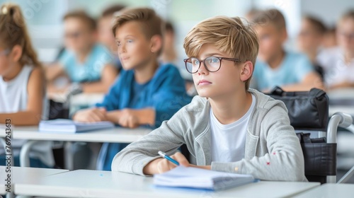 Focused disabled student in wheelchair studying attentively in a classroom setting