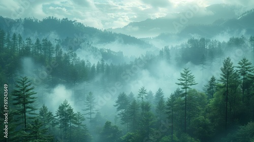Misty forest with evergreen trees, mountains, and foggy atmosphere