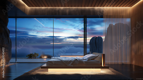luxurious bed room with sky theme in night with dreamy light