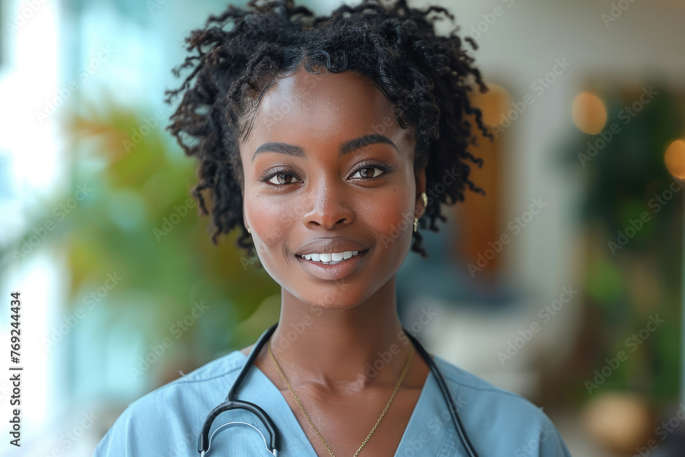 Una mujer negra de 32 años con cabello natural, que viste un uniforme de enfermera porque es enfermera registrada.






 - obrazy, fototapety, plakaty 