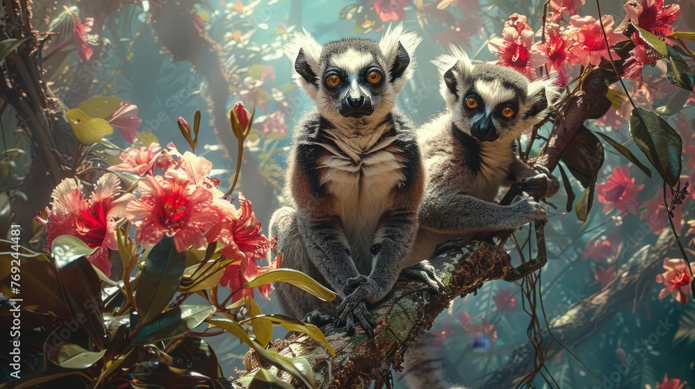 Naklejka premium Two lemurs perched on a branch amidst colorful flowers in a jungle setting