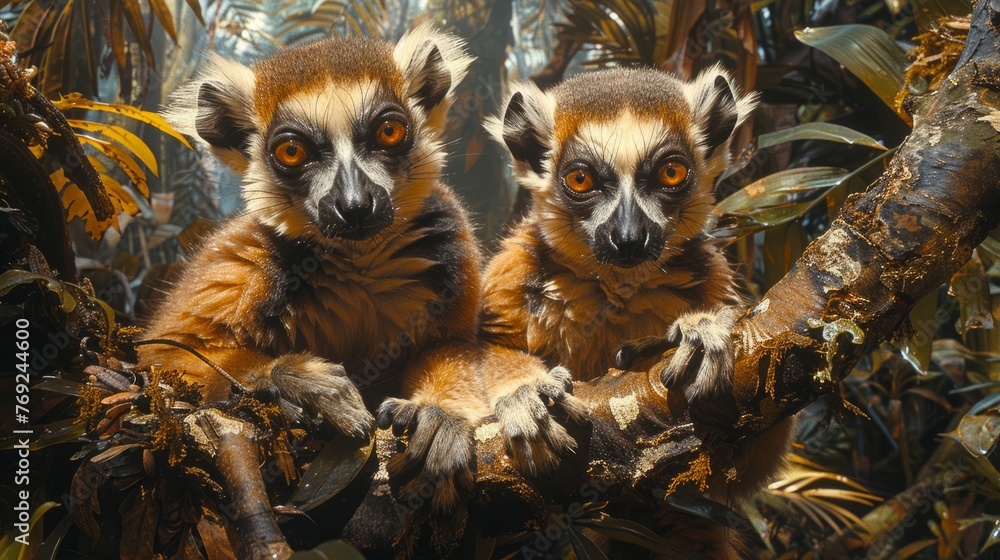 Naklejka premium Two terrestrial lemurs sit on a jungle tree branch