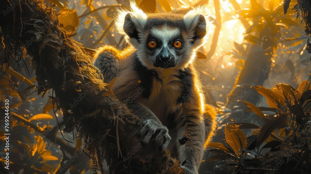 Naklejka premium A lemur with fur and whiskers sits on a tree branch in the jungle