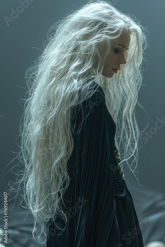 Una hermosa chica con un rostro pálido y triste, con cabello largo y blanco, vistiendo una túnica negra, de pie sobre cráneos en un estilo gótico y oscuro. photo