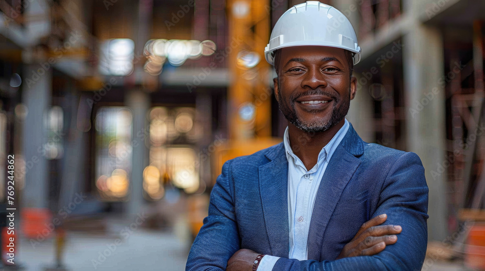 
Una fotografía de portada que muestra a un contratista en construcción sonriendo con confianza - obrazy, fototapety, plakaty 