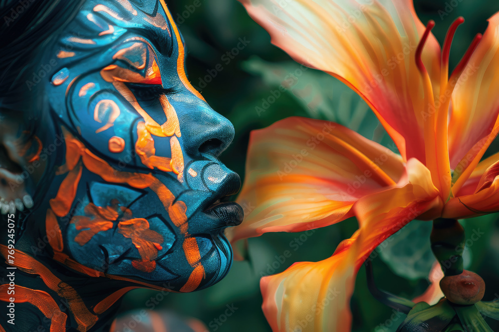 Una mujer latina con un maquillaje facial de azul mate y líneas brillantes de naranja, observa una flor, siguiendo el estilo de tonos oscuros blancos y naranjas, con simbolismo tropical - obrazy, fototapety, plakaty 