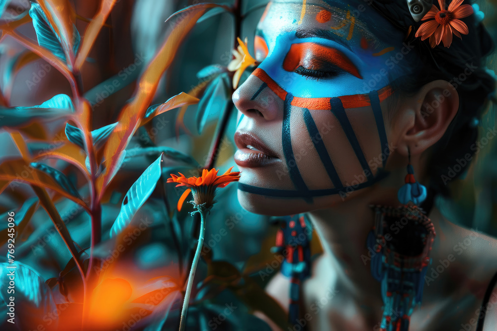 Una mujer latina con un maquillaje facial de azul mate y líneas brillantes de naranja, observa una flor, siguiendo el estilo de tonos oscuros blancos y naranjas, con simbolismo tropical - obrazy, fototapety, plakaty 