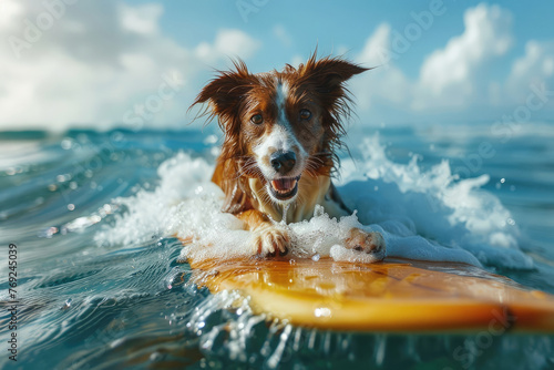 Un Border Collie feliz surfeando en una tabla de surf en una ola muy alta.
