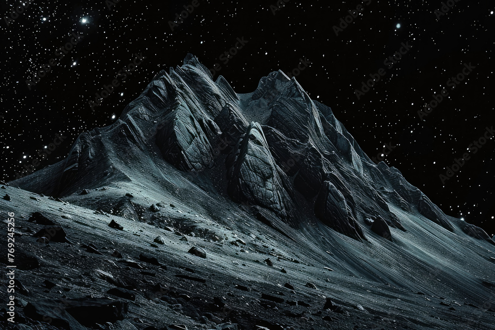 Una montaña en la noche con un rastro de estrellas, siguiendo el estilo de paisajes de fantasía exótica - obrazy, fototapety, plakaty 