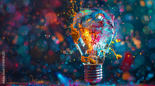 Creative light bulb explodes with colorful paint and splashes on a dark background © shumail