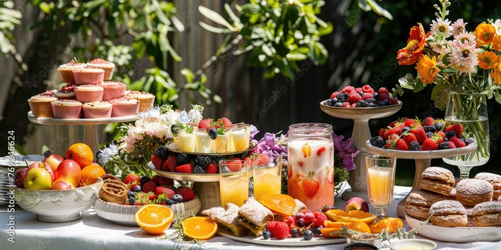 A complete set table brunch spread with colorful floral arrangements, fresh fruits, and pastries. Celebrate and cherish the special occasion during springtime.