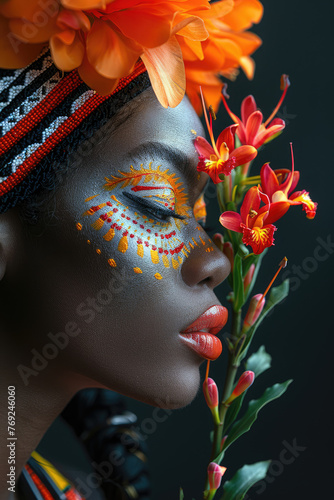  mujer con una pintura facial de color amarillo brillante observa una flor, siguiendo el estilo de tonos oscuros blancos y naranjas, con simbolismo tropical. 