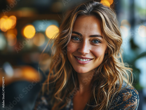 Casual portrait of a smiling young woman in a cafe, with warm ambient lighting. Lifestyle and leisure concept. Design for poster, banner, greeting card.