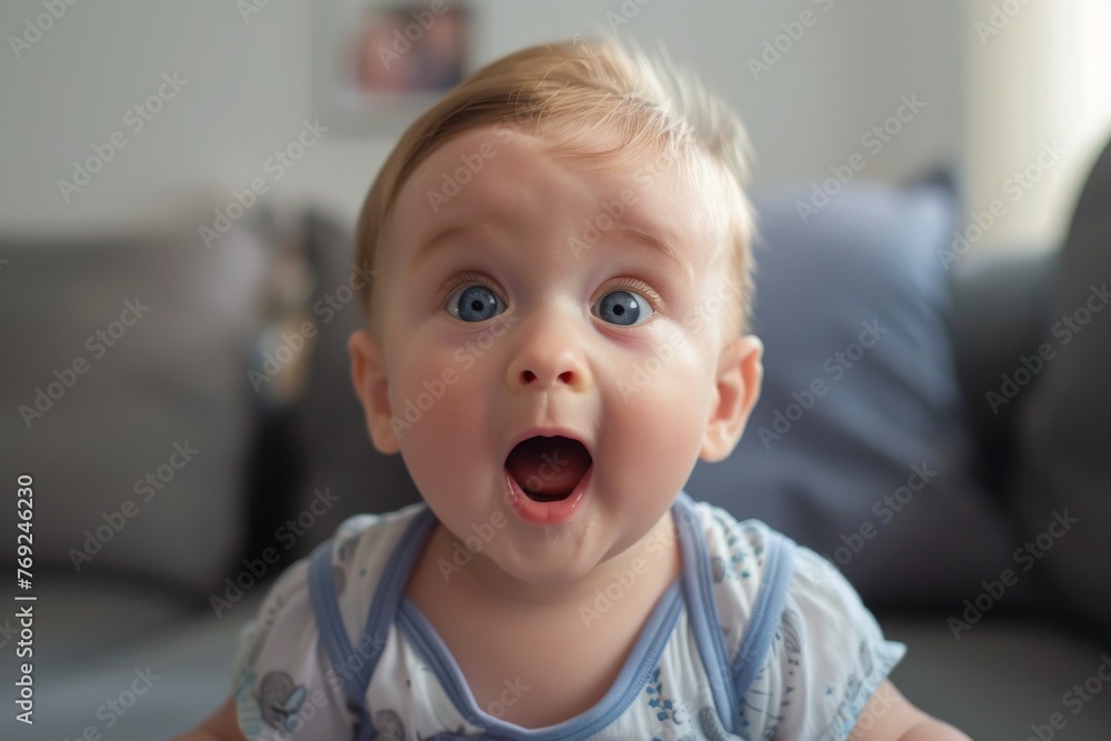 Baby with open mouth and a surprised expression Baby with open mouth and a surprised expression