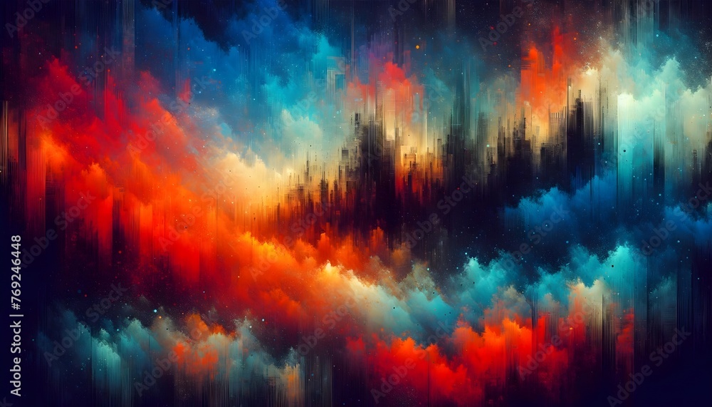 a dynamic and textured gradient, seamlessly blending blue, orange, red, and black in a grainy, grunge style that exudes artistic energy and visual interest, generative AI