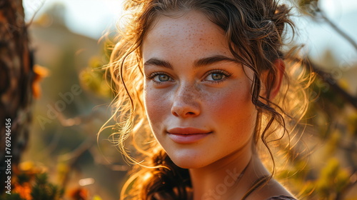 Portrait of a young woman with freckles during golden hour. Natural beauty, glow concept, portrait, young woman, freckles, golden hour, natural light, beauty, serene. © ArtStockVault