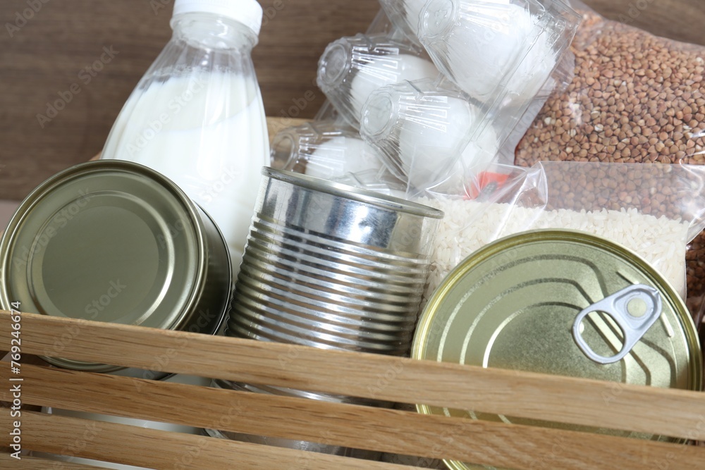 Donation box with different food products, closeup Donation box with different food products, closeup