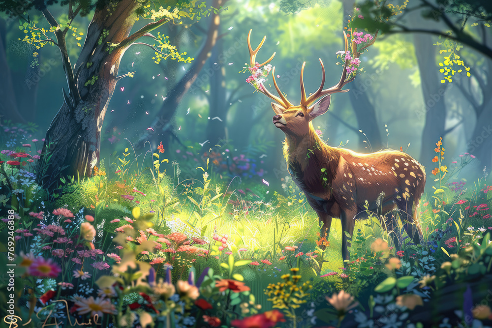 Hermoso ciervo en un bosque con flores. - obrazy, fototapety, plakaty 