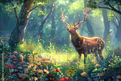 Hermoso ciervo en un bosque con flores.