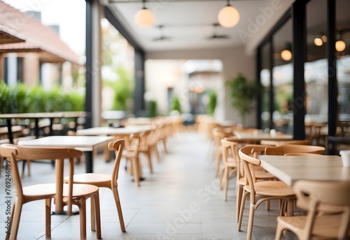 Blurred image of a minimalist cafe terrace, generative AI