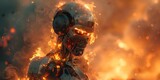 Symbolism of destruction and the end of humanity depicted by a humanoid robot engulfed in flames in a wartorn setting. Concept Post-Apocalyptic, Robotic Apocalypse, Destruction Symbolism