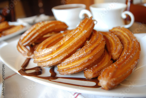 Fotografía de churros tradicionales de España con chocolate , en una churrería tradicional photo