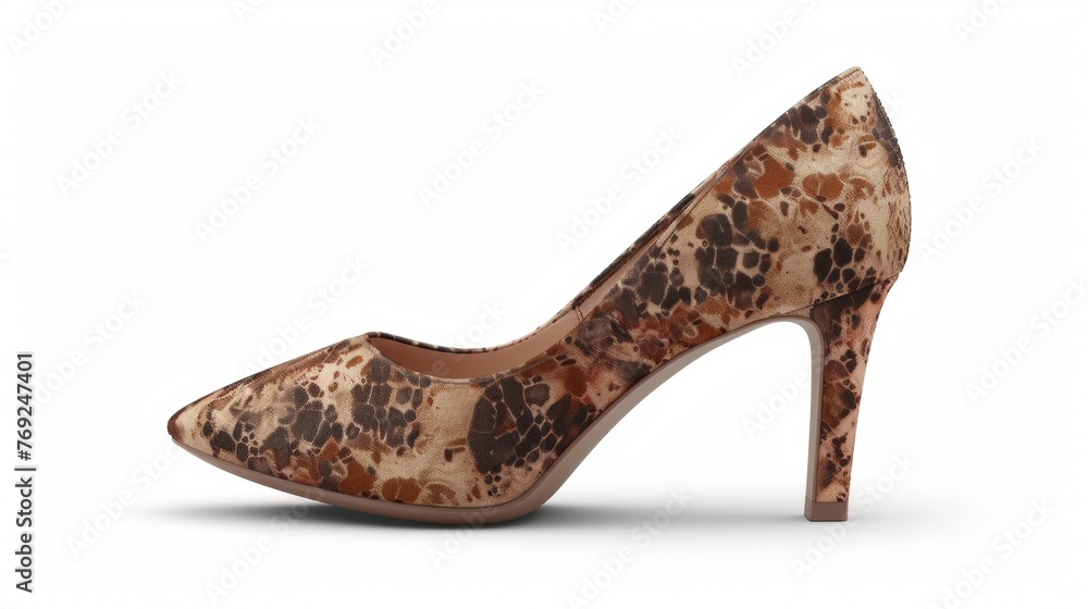 Obraz premium Blank mockup of a pair of pointedtoe kitten heels with a sskin print in earth tones