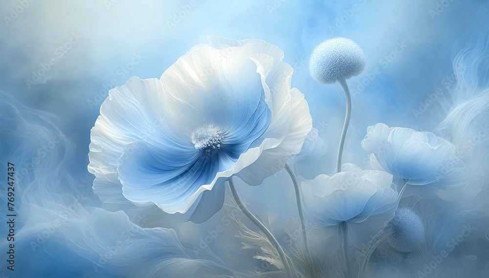 Piękne niebieskie kwiaty. Tło kwiatowe. Tapeta w maki. Pastelowe wiosenne kwiaty. Abstrakcje kwiatowe - obrazy, fototapety, plakaty 