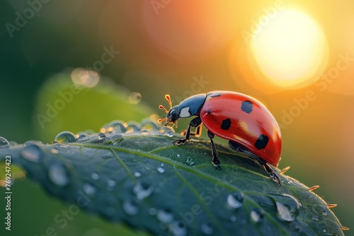 beautiful ladybug on leaf in the morning with the sun in the background