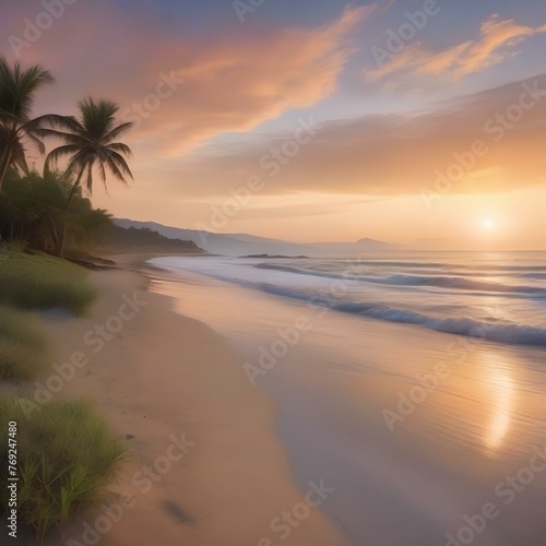 A tranquil beach scene at sunrise, with pastel colors painting the sky and gentle waves lapping at the shore2