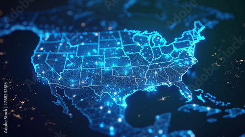 Digital map of USA, concept of North America global network and connectivity, data transfer and cyber technology, information exchange and telecommunication. Digital map for business.