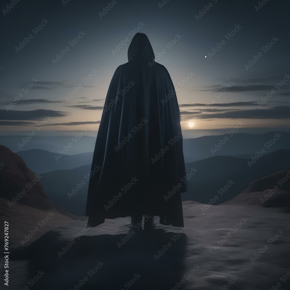 A mysterious figure cloaked in shadow, standing at the edge of a moonlit clearing1 - obrazy, fototapety, plakaty 
