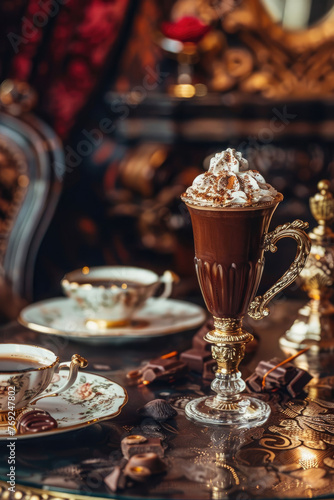Fotografía cinemática de chocolate con nata en una mansión victoriana