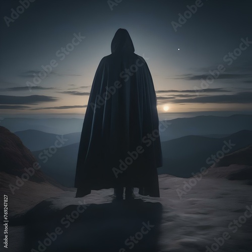 A mysterious figure cloaked in shadow, standing at the edge of a moonlit clearing1