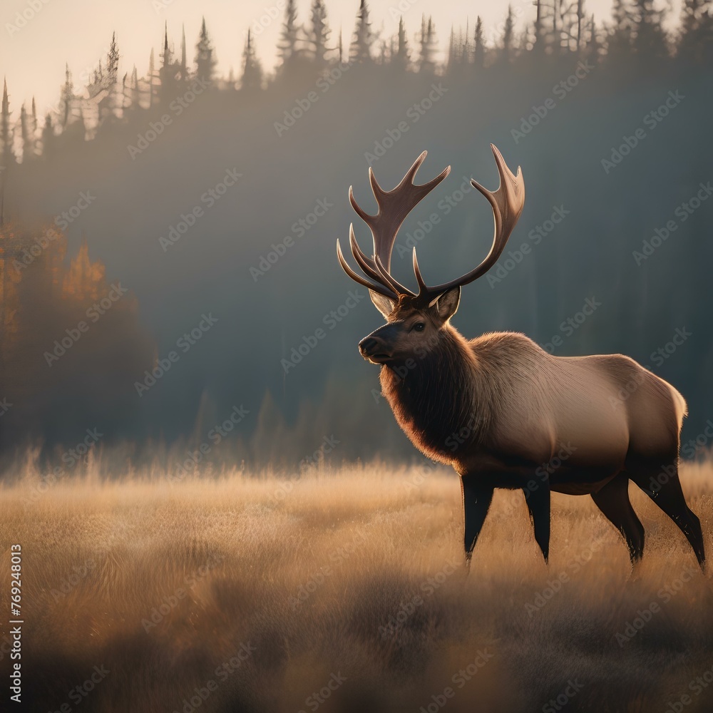 Obraz premium A majestic elk standing in a clearing, with a forest in the background2