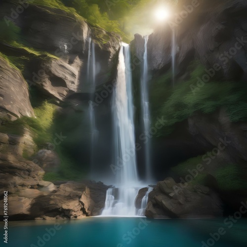 A majestic waterfall cascading down a rocky cliff into a crystal-clear pool below2