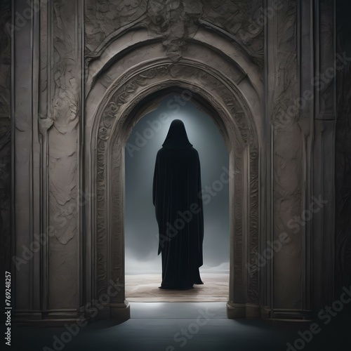 A mysterious figure standing at the entrance of a dark, foreboding cave2