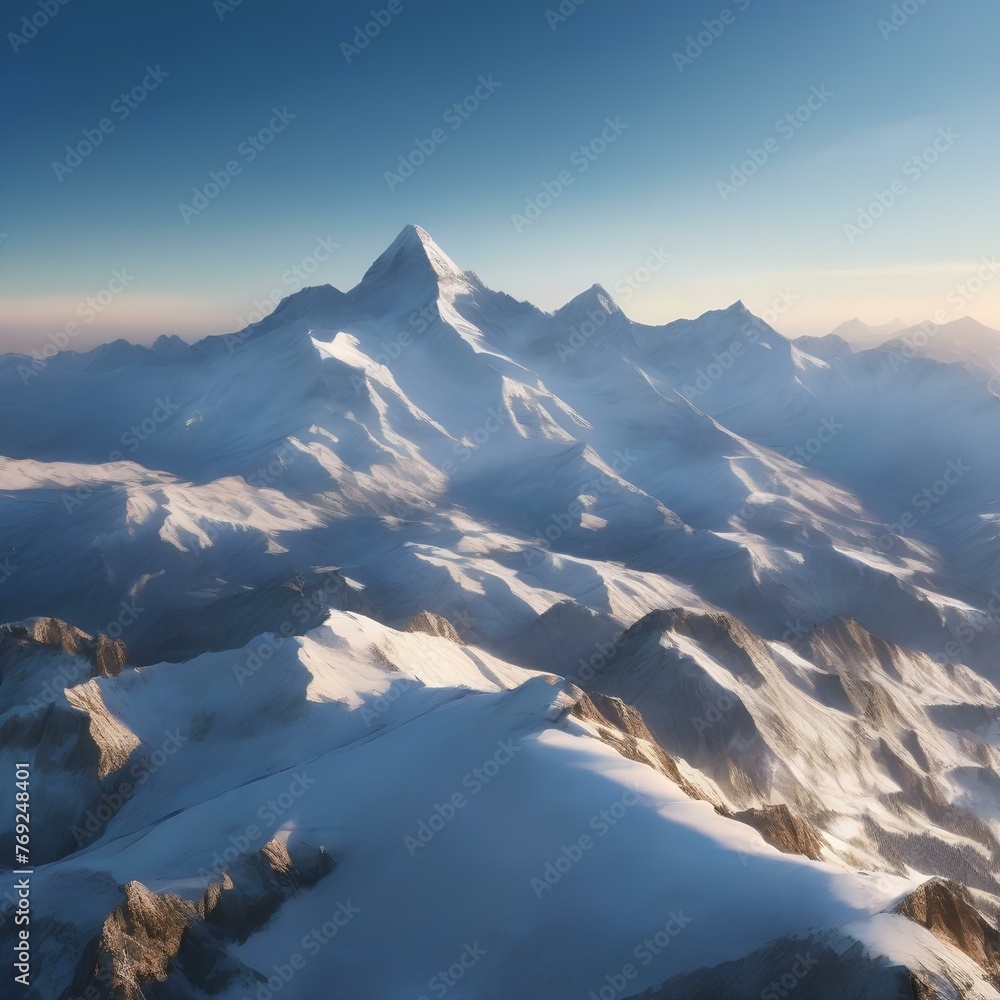 A majestic mountain range covered in snow, with a clear blue sky overhead2