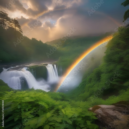 A stunning view of a rainbow arcing over a waterfall in a lush green forest2