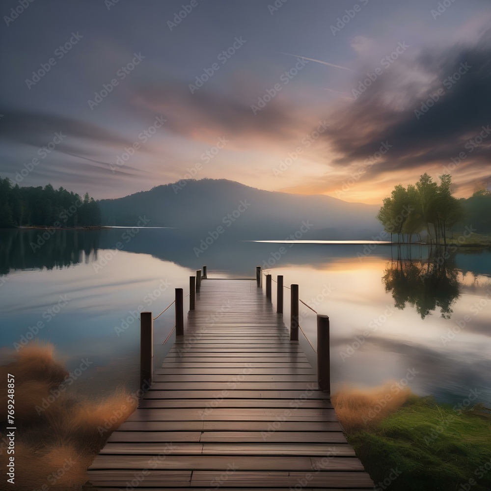 A peaceful lakeside scene with a wooden dock stretching out into calm waters2