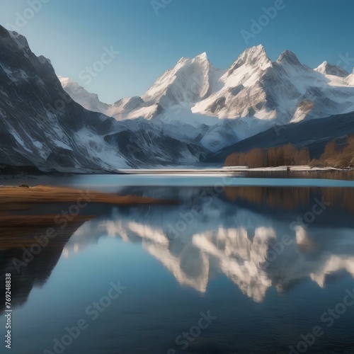 A serene lake surrounded by snow-capped mountains, with a clear blue sky overhead2