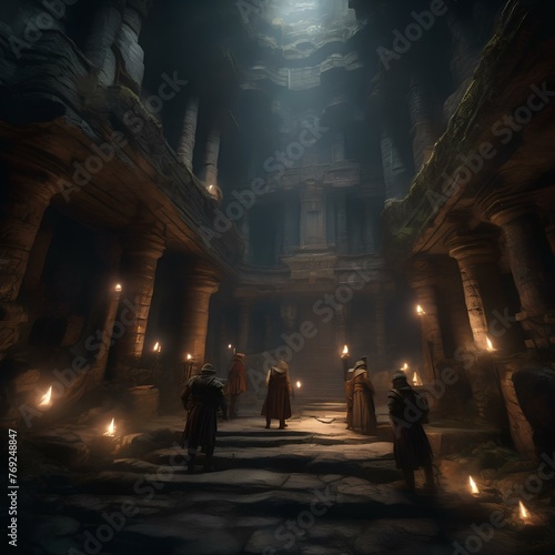 A group of adventurers exploring the depths of a dark, winding dungeon1