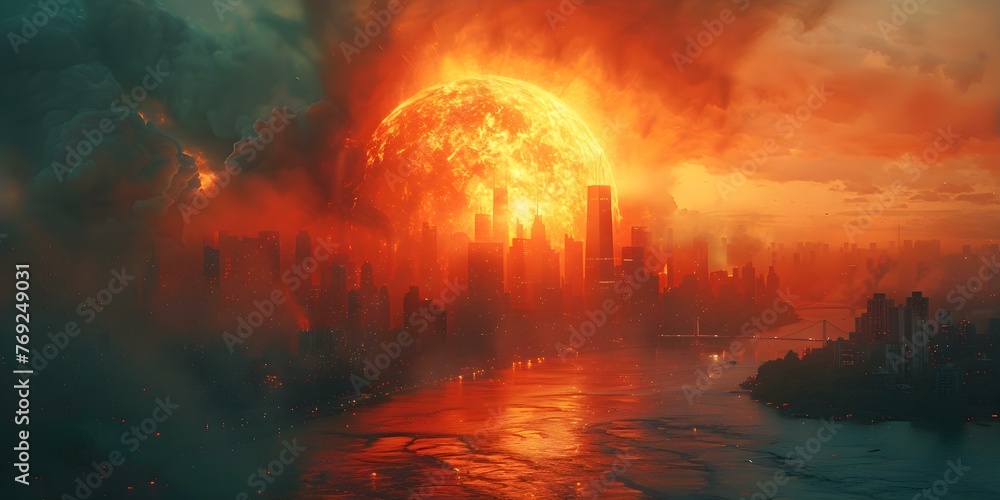 The Devastating Impact of a Nuclear Explosion in a City: Highlighting the Dangers of Atomic Warfare and Environmental Destruction. Concept Nuclear Explosion, Atomic Warfare