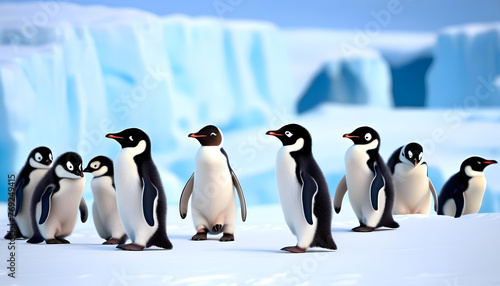 Adorable penguins waddling on a snowy landscape with icebergs in the background. 