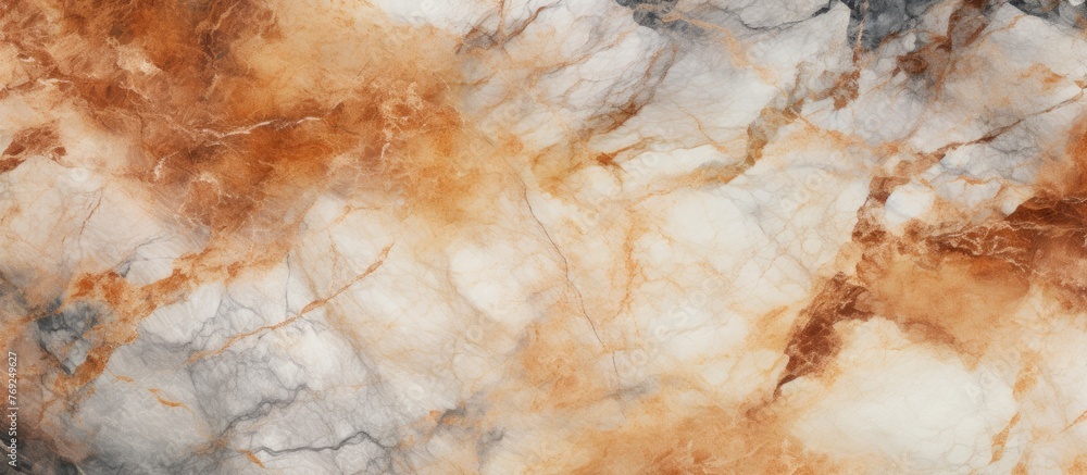A detailed shot of a brown and white marble texture resembling a dish made of natural ingredients. The pattern resembles cumulus clouds in a natural landscape