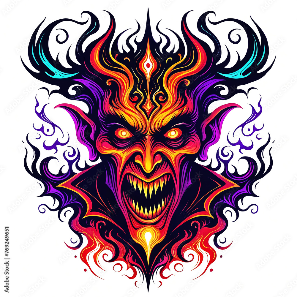 A colorful and detailed face of an evil looking person, resembling a devil or a demon. The face is painted with a combination of red, blue, and yellow colors, giving it a demonic appearance.